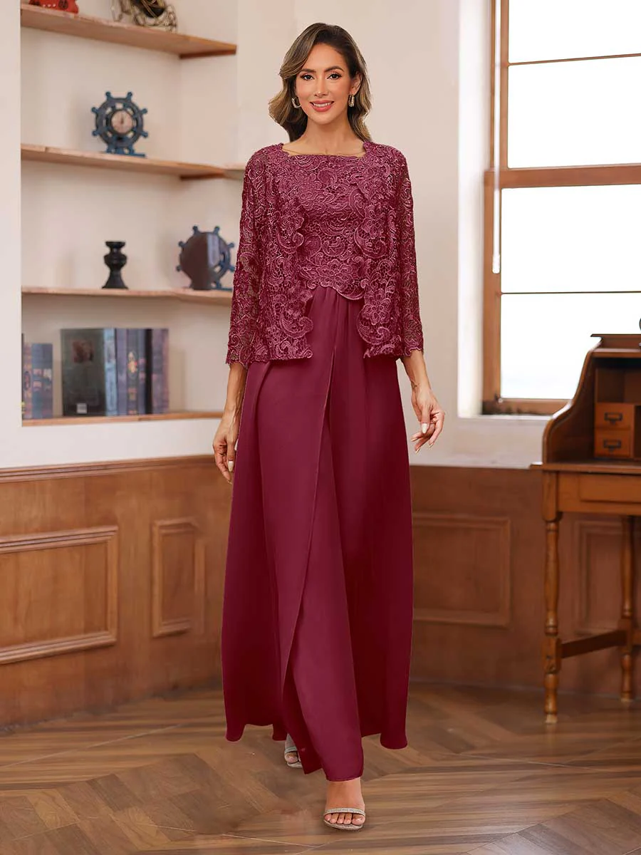 Lace Chiffon Square Neck 3/4 Sleeves 3 Pieces Pantsuits with Appliques & Jacket - Image 40