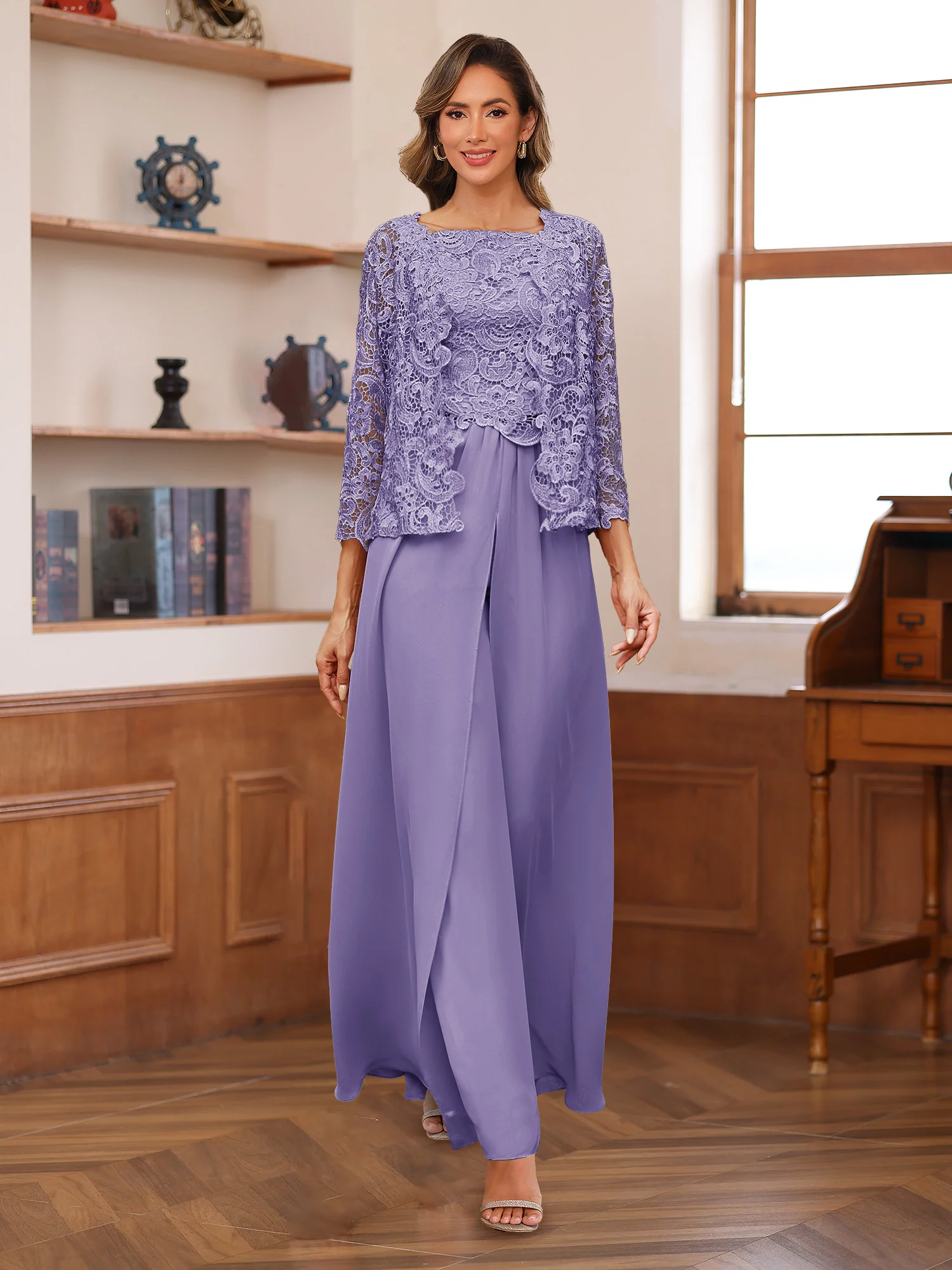 Lace Chiffon Square Neck 3/4 Sleeves 3 Pieces Pantsuits with Appliques & Jacket - Image 41