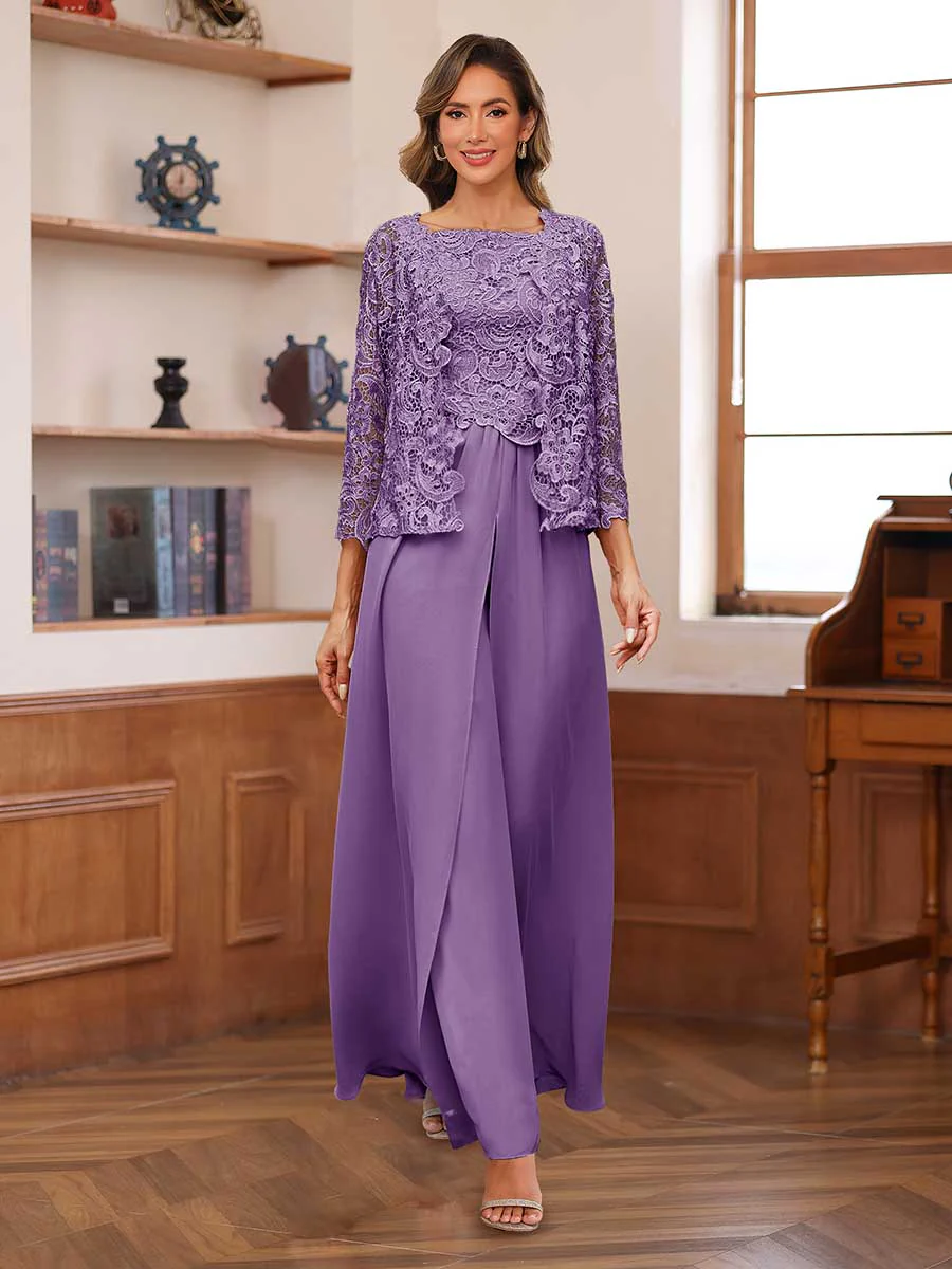 Lace Chiffon Square Neck 3/4 Sleeves 3 Pieces Pantsuits with Appliques & Jacket - Image 42