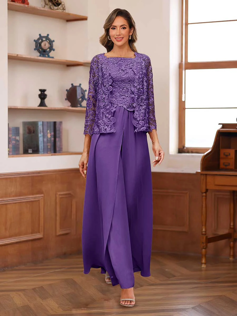 Lace Chiffon Square Neck 3/4 Sleeves 3 Pieces Pantsuits with Appliques & Jacket - Image 44