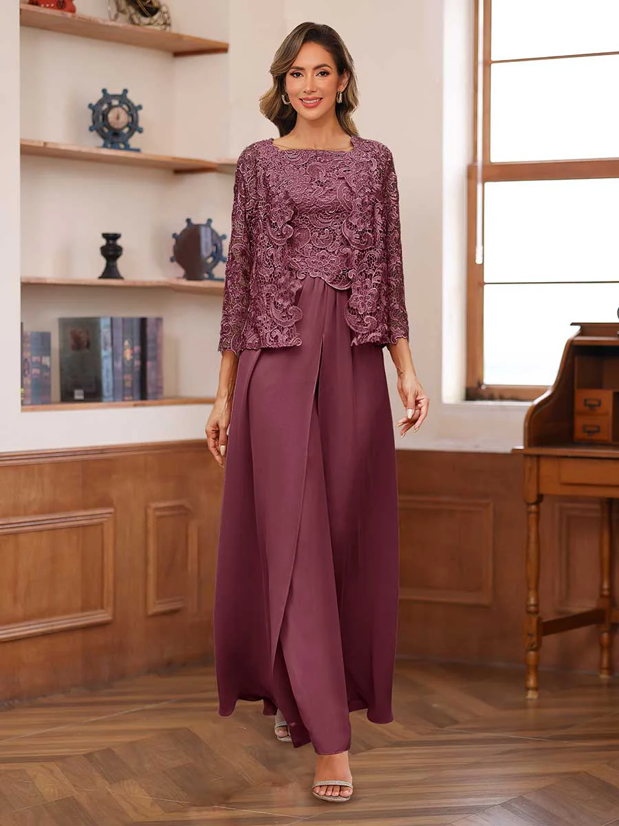 Lace Chiffon Square Neck 3/4 Sleeves 3 Pieces Pantsuits with Appliques & Jacket - Image 45