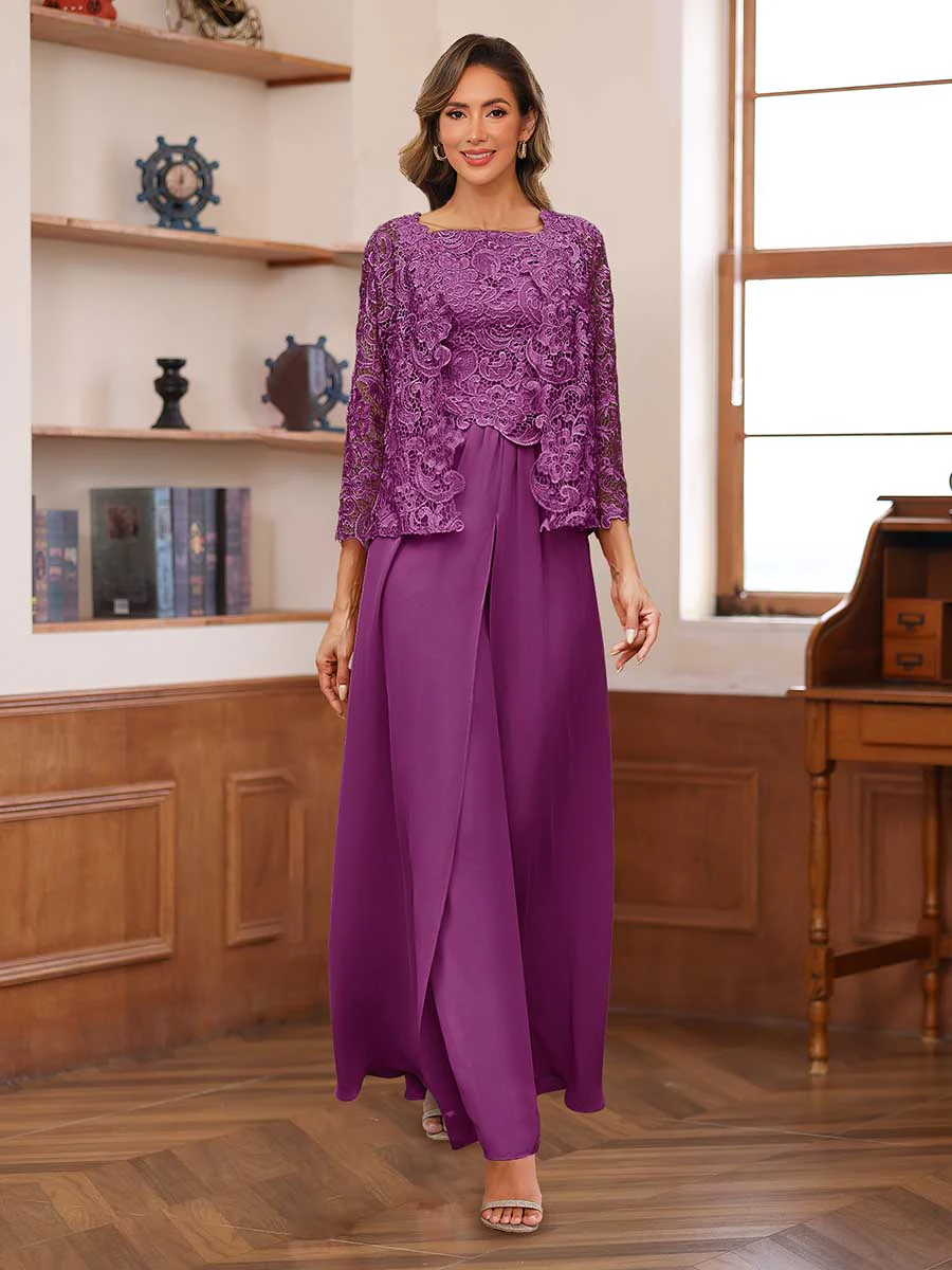 Lace Chiffon Square Neck 3/4 Sleeves 3 Pieces Pantsuits with Appliques & Jacket - Image 46