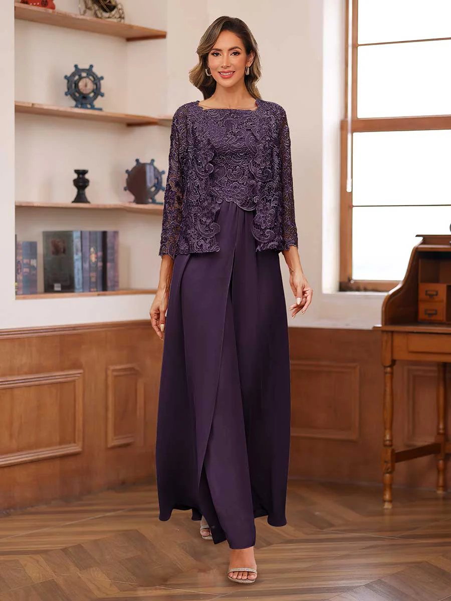Lace Chiffon Square Neck 3/4 Sleeves 3 Pieces Pantsuits with Appliques & Jacket - Image 48