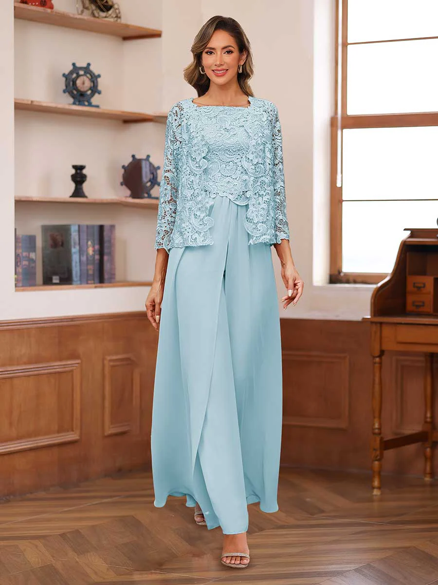 Lace Chiffon Square Neck 3/4 Sleeves 3 Pieces Pantsuits with Appliques & Jacket - Image 49
