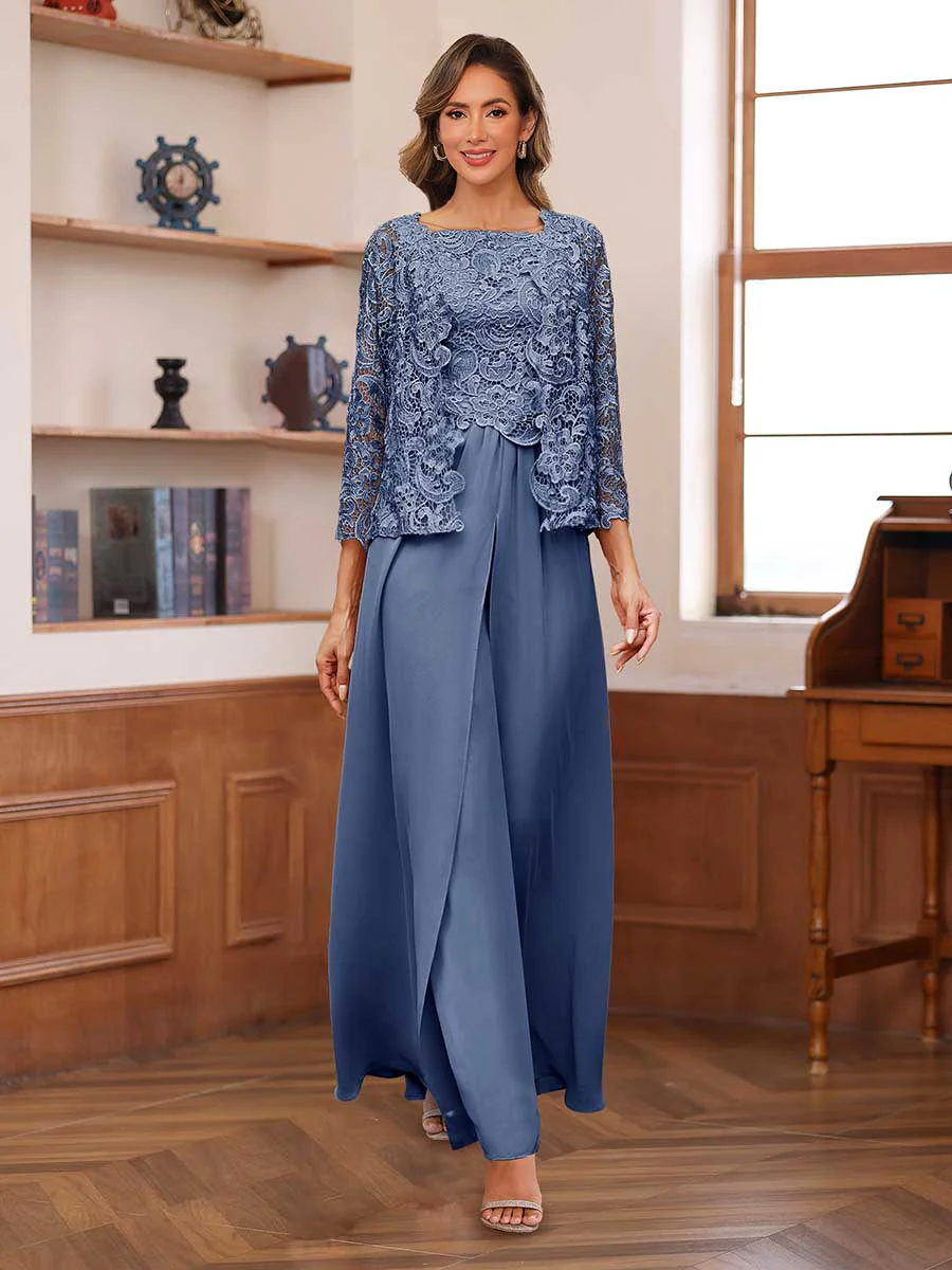 Lace Chiffon Square Neck 3/4 Sleeves 3 Pieces Pantsuits with Appliques & Jacket - Image 53