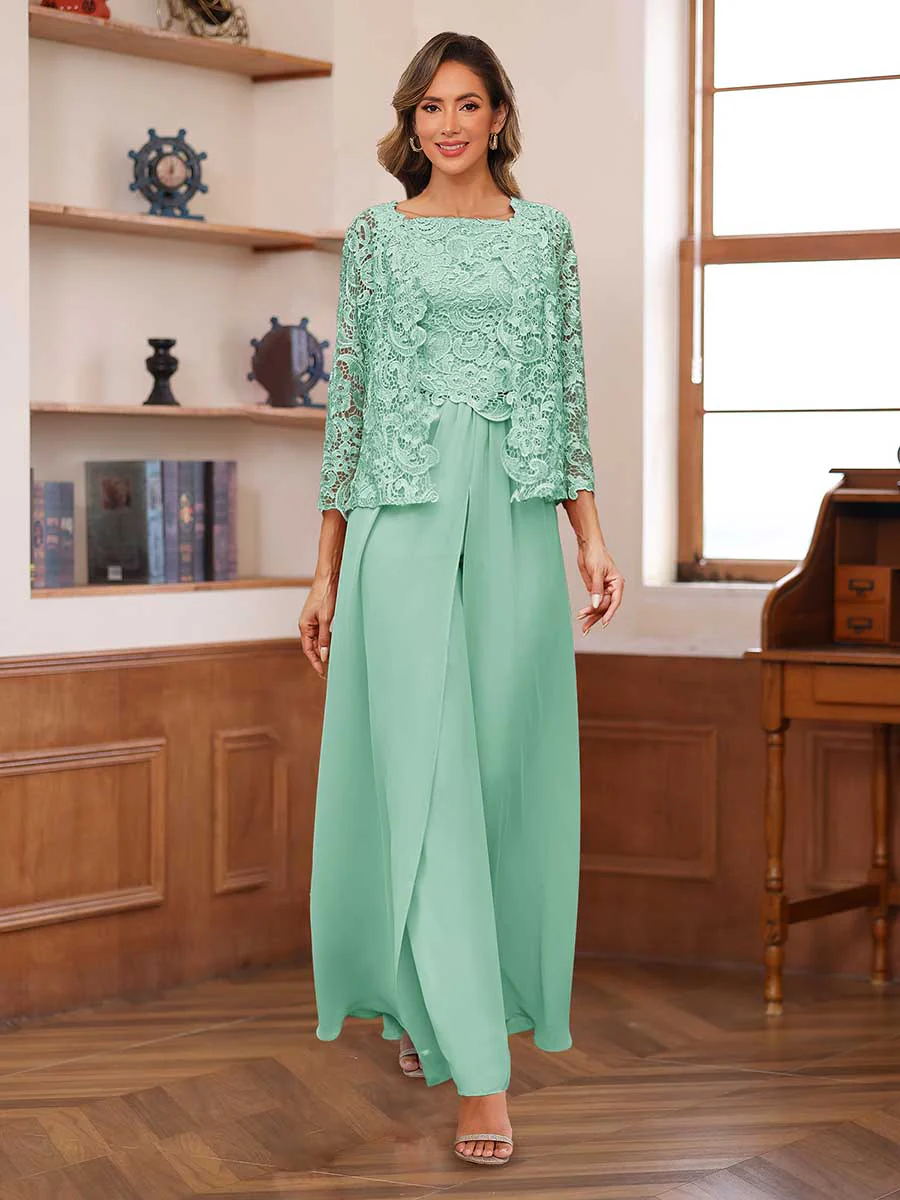 Lace Chiffon Square Neck 3/4 Sleeves 3 Pieces Pantsuits with Appliques & Jacket - Image 63