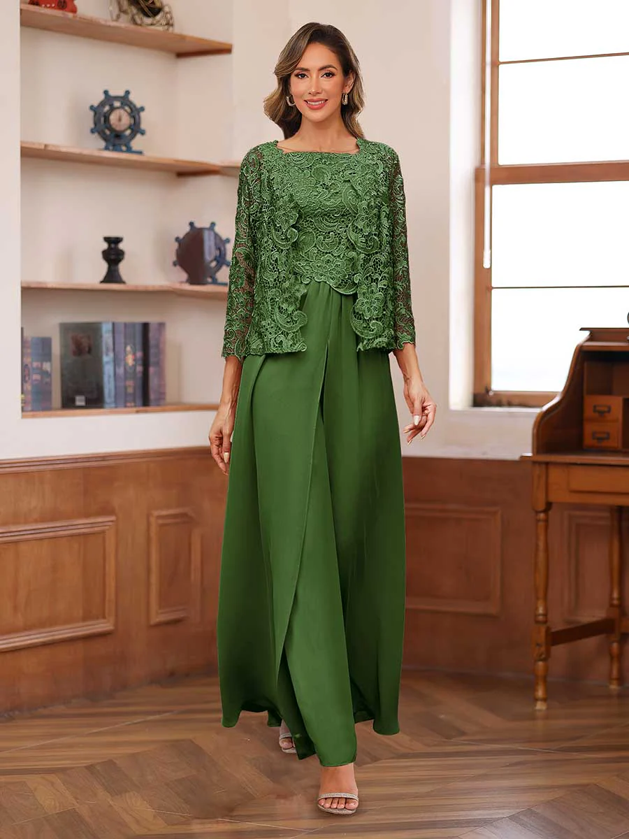 Lace Chiffon Square Neck 3/4 Sleeves 3 Pieces Pantsuits with Appliques & Jacket - Image 67