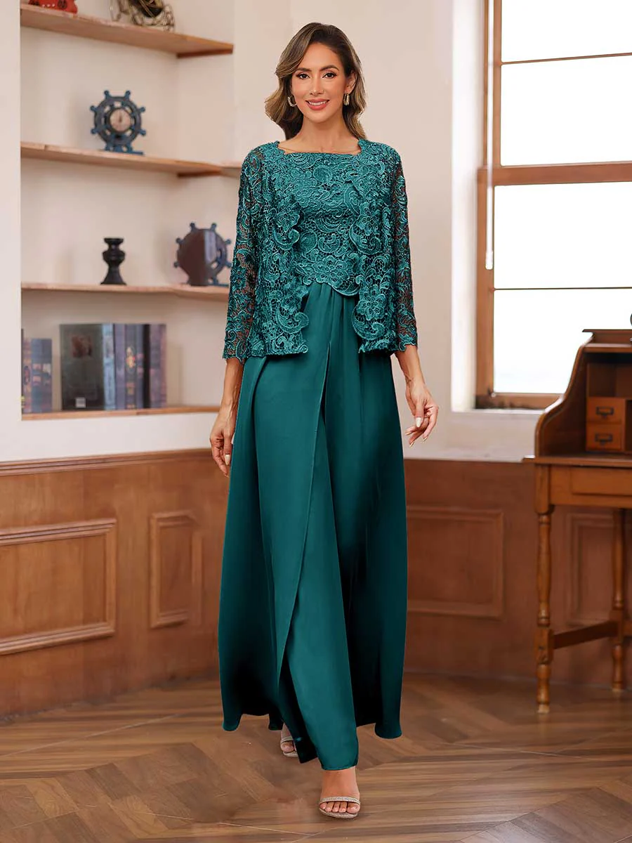 Lace Chiffon Square Neck 3/4 Sleeves 3 Pieces Pantsuits with Appliques & Jacket - Image 68
