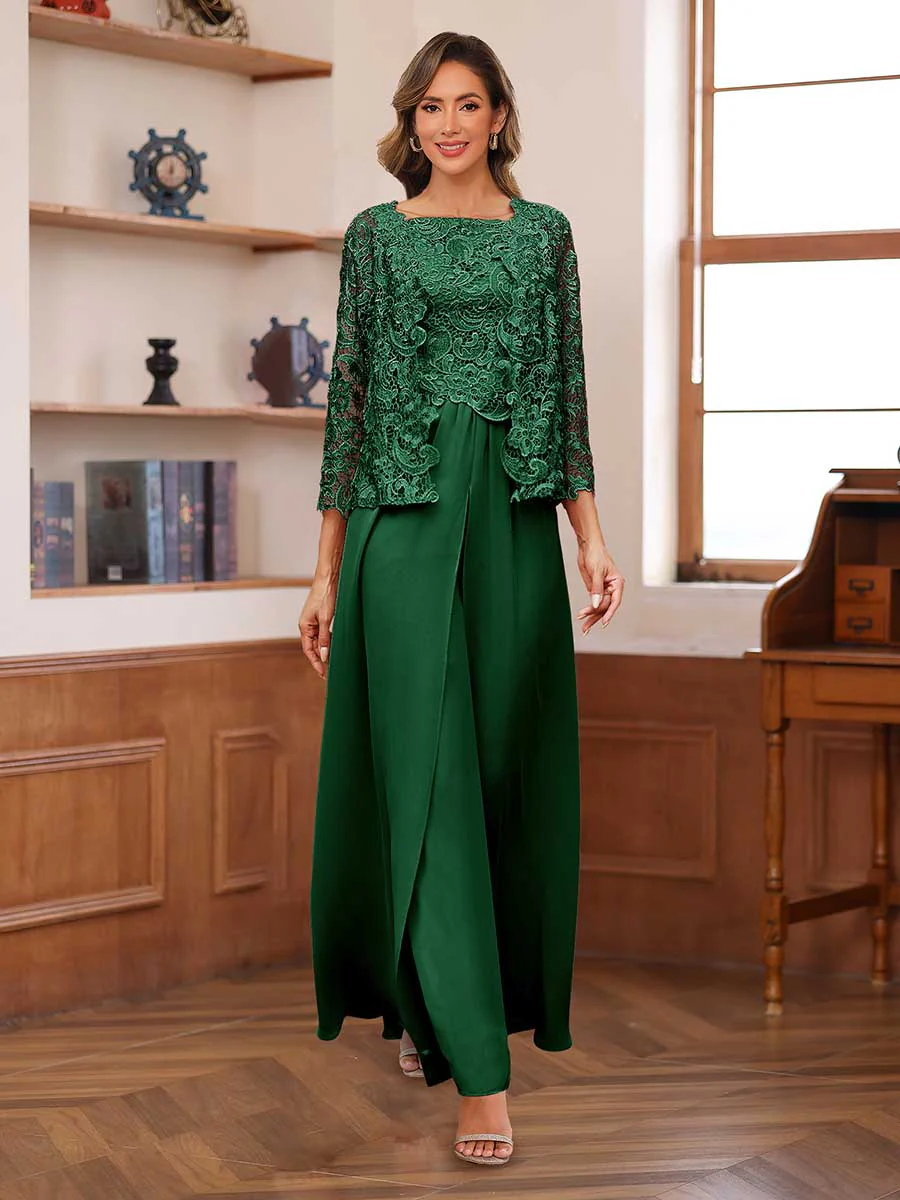 Lace Chiffon Square Neck 3/4 Sleeves 3 Pieces Pantsuits with Appliques & Jacket - Image 69