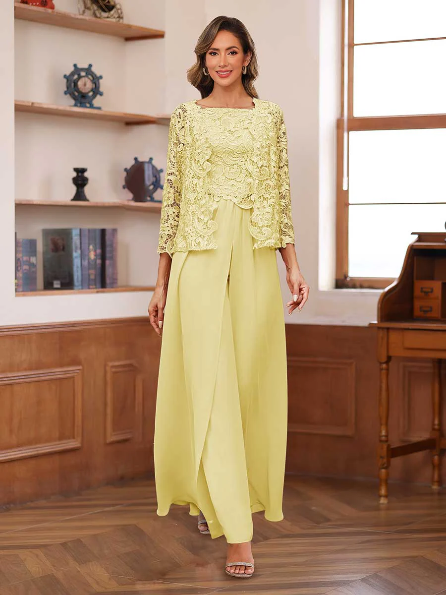 Lace Chiffon Square Neck 3/4 Sleeves 3 Pieces Pantsuits with Appliques & Jacket - Image 71