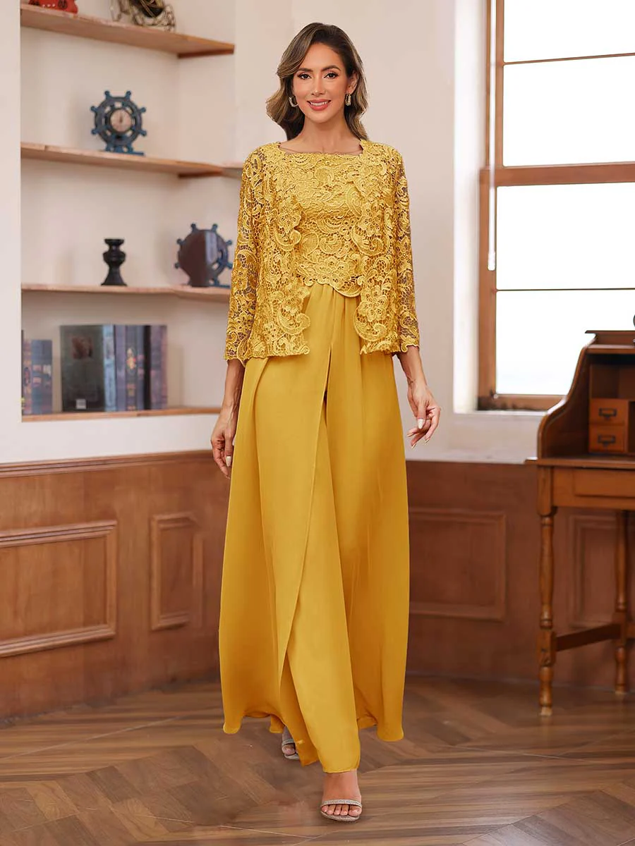 Lace Chiffon Square Neck 3/4 Sleeves 3 Pieces Pantsuits with Appliques & Jacket - Image 72