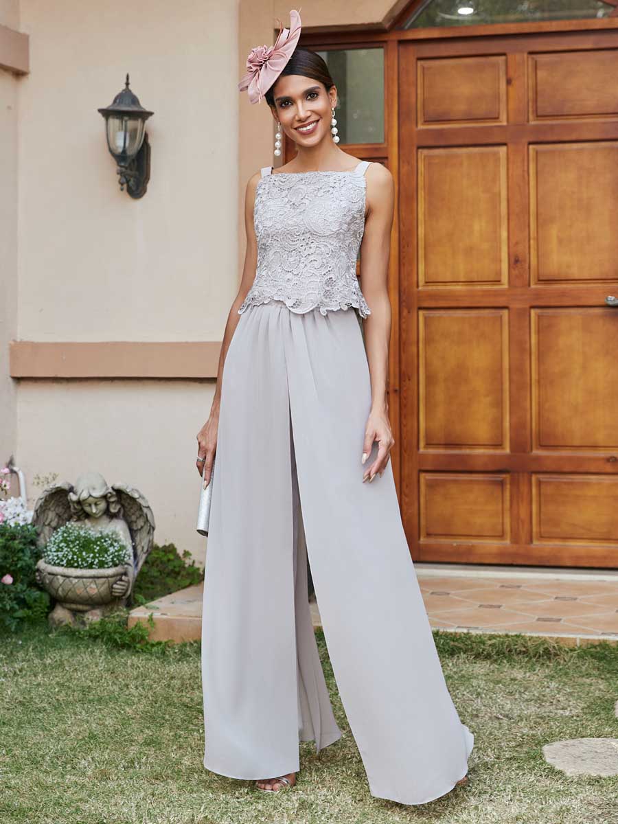 Lace Chiffon Square Neck 3/4 Sleeves 3 Pieces Pantsuits with Appliques & Jacket - Image 8