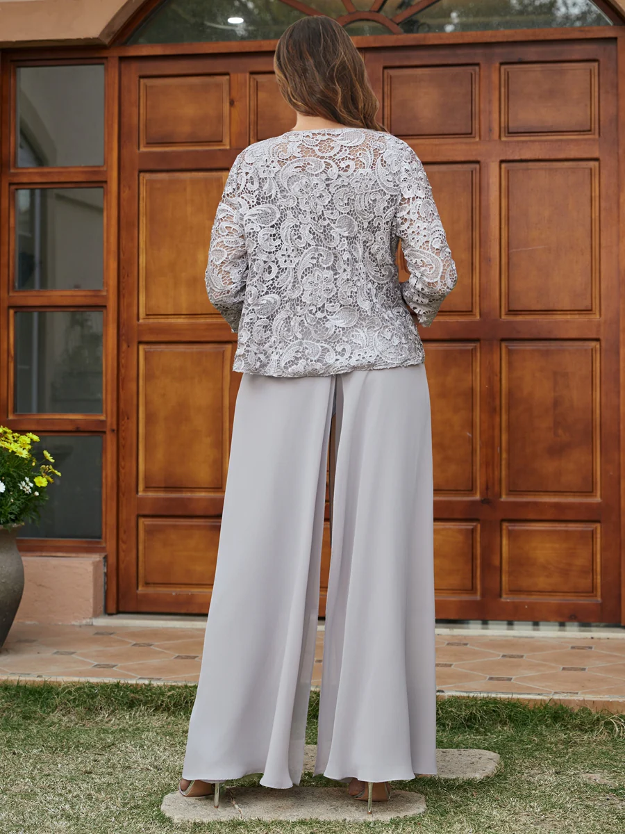 Lace Chiffon Square Neck 3/4 Sleeves 3 Pieces Plus Size Pantsuits with Appliques & Jacket - Image 2