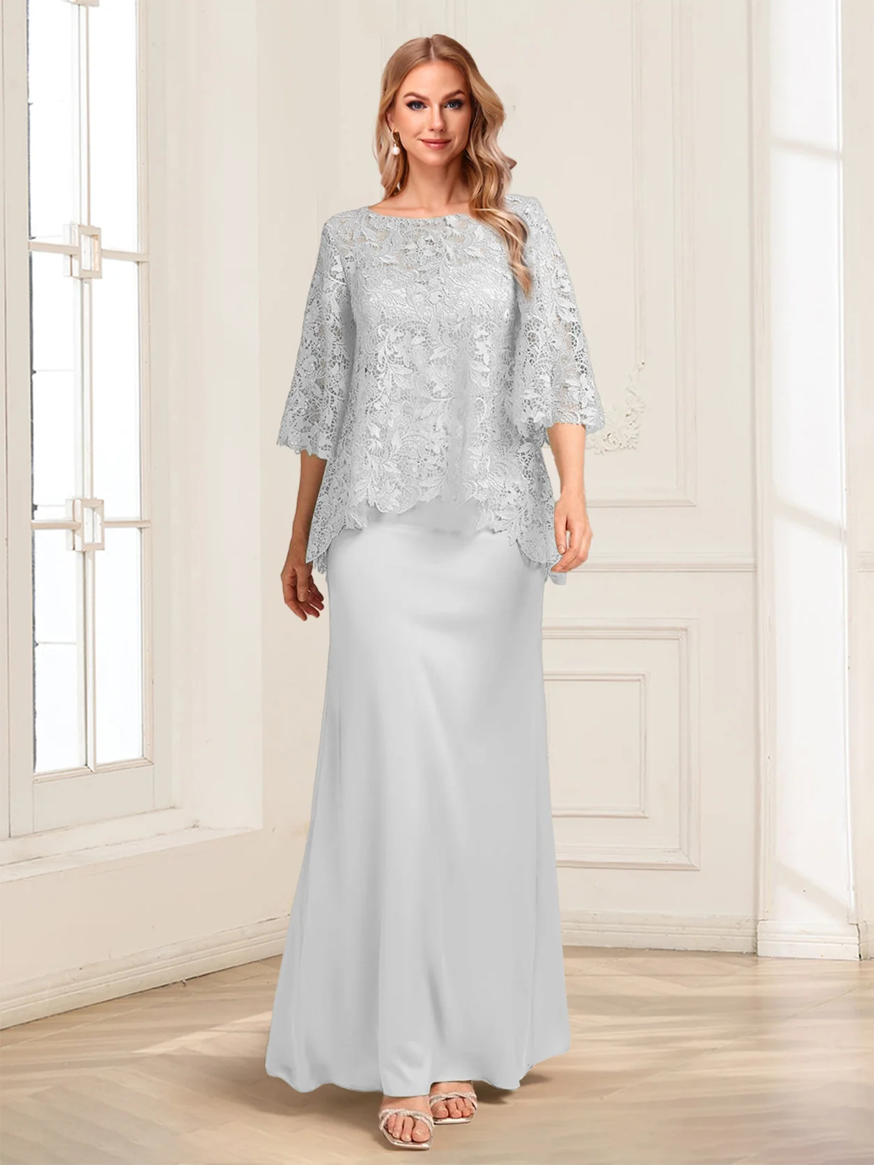 Lace Sheath/Column Crew Neck Half Sleeves Mother of the Bride Dresses - Image 45