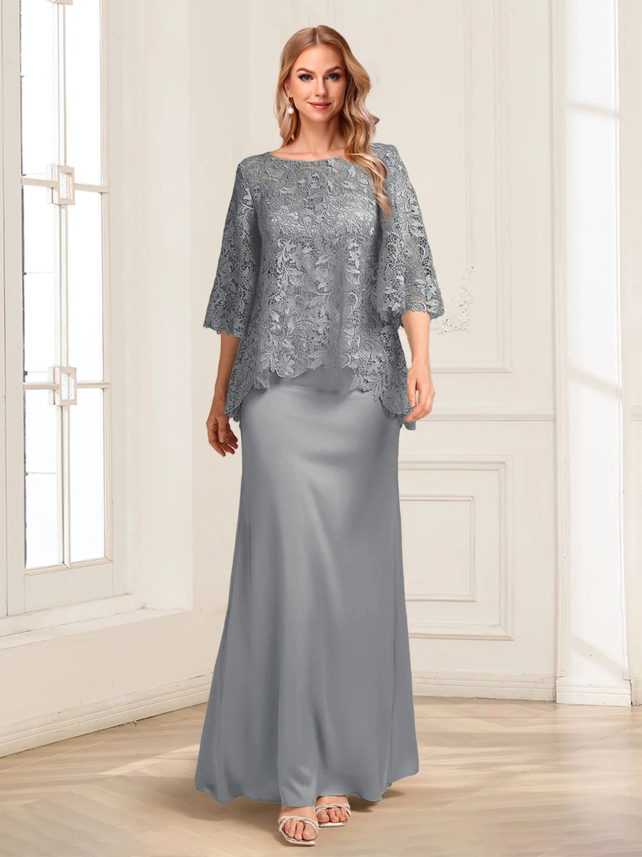Lace Sheath/Column Crew Neck Half Sleeves Mother of the Bride Dresses - Image 46