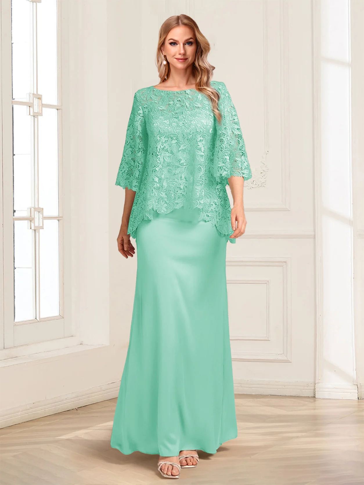 Lace Sheath/Column Crew Neck Half Sleeves Mother of the Bride Dresses - Image 48