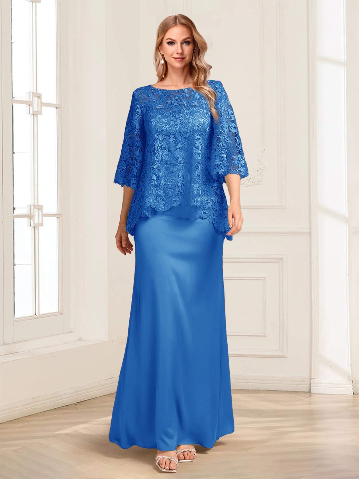 Lace Sheath/Column Crew Neck Half Sleeves Mother of the Bride Dresses - Image 56