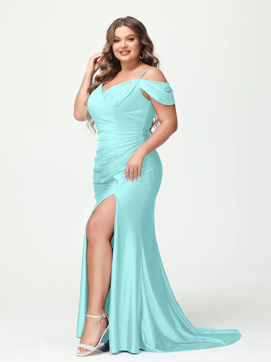Mermaid Spaghetti Straps V-Neck Short Sleeves Plus Size Maxi Dresses with Split Side - Image 39