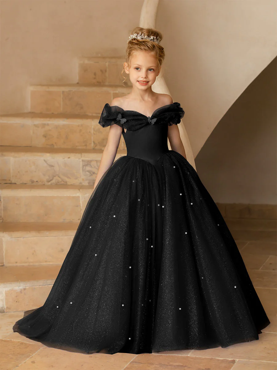 Off-the-Shoulder Tulle Flower Girl Dresses with Pearls - Image 19