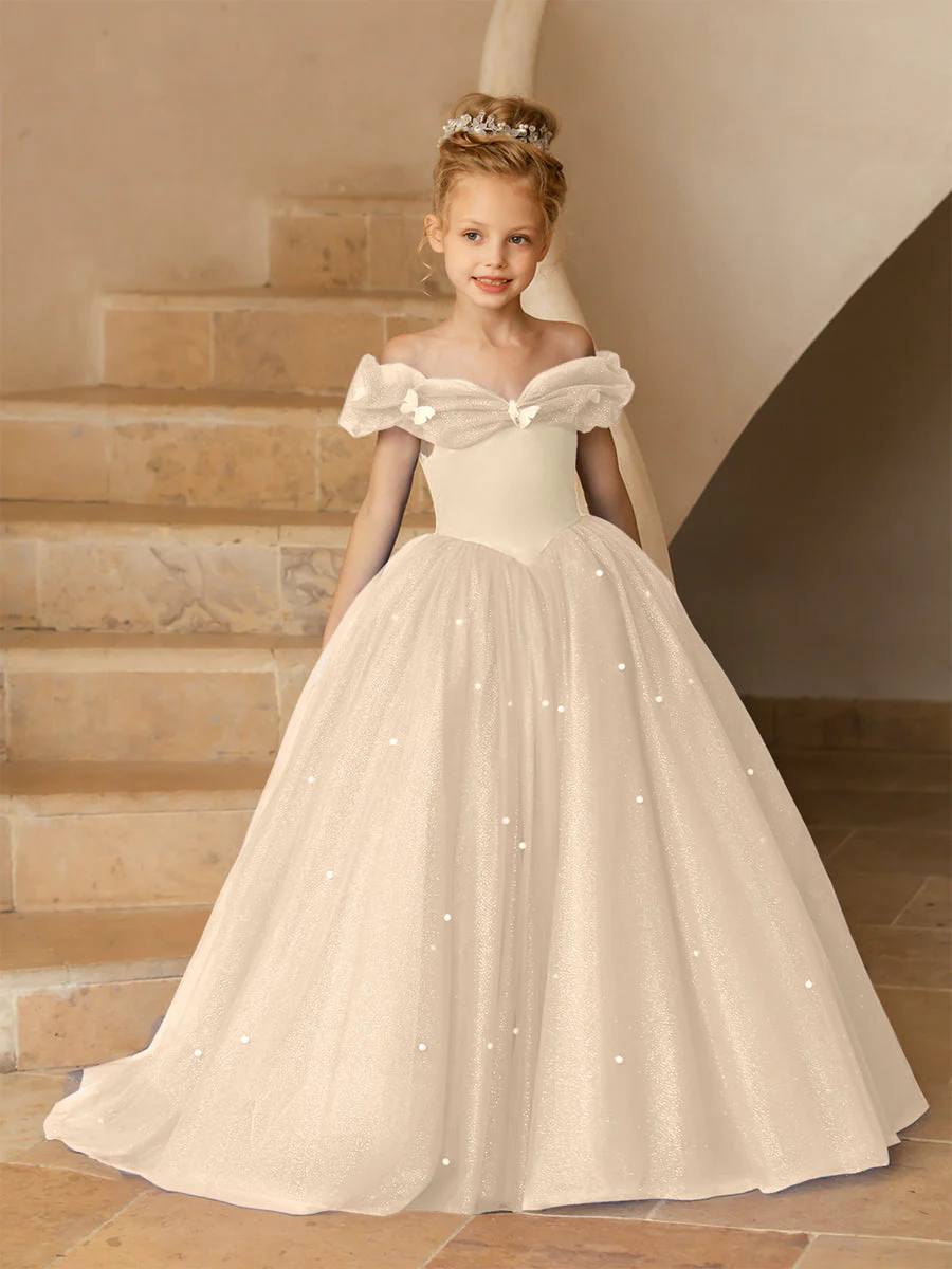 Off-the-Shoulder Tulle Flower Girl Dresses with Pearls - Image 24