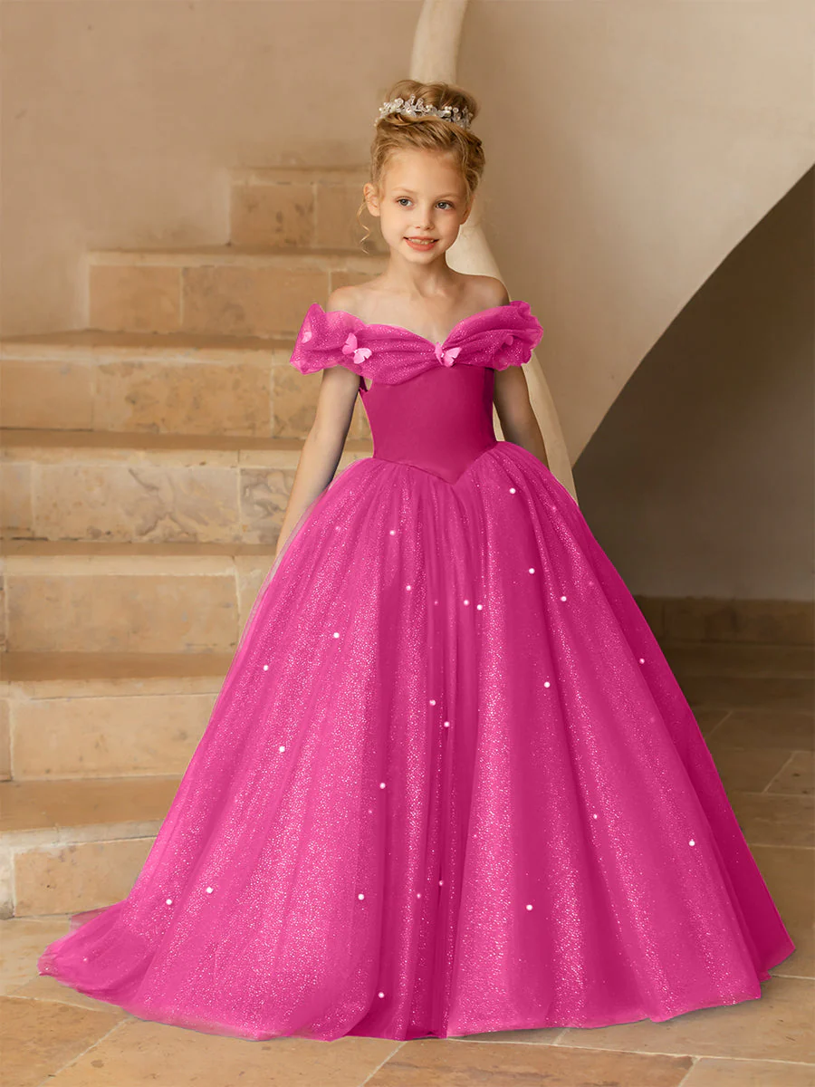 Off-the-Shoulder Tulle Flower Girl Dresses with Pearls - Image 36