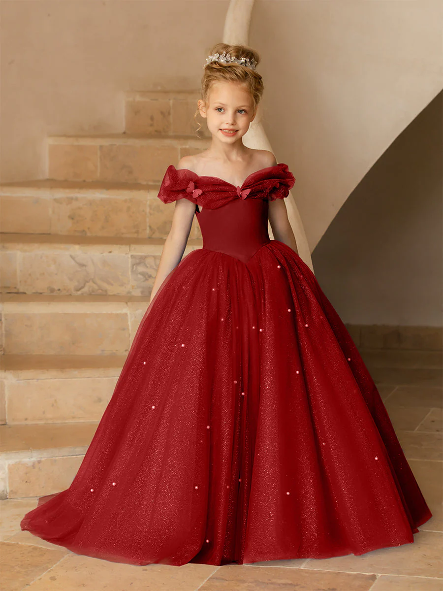 Off-the-Shoulder Tulle Flower Girl Dresses with Pearls - Image 38