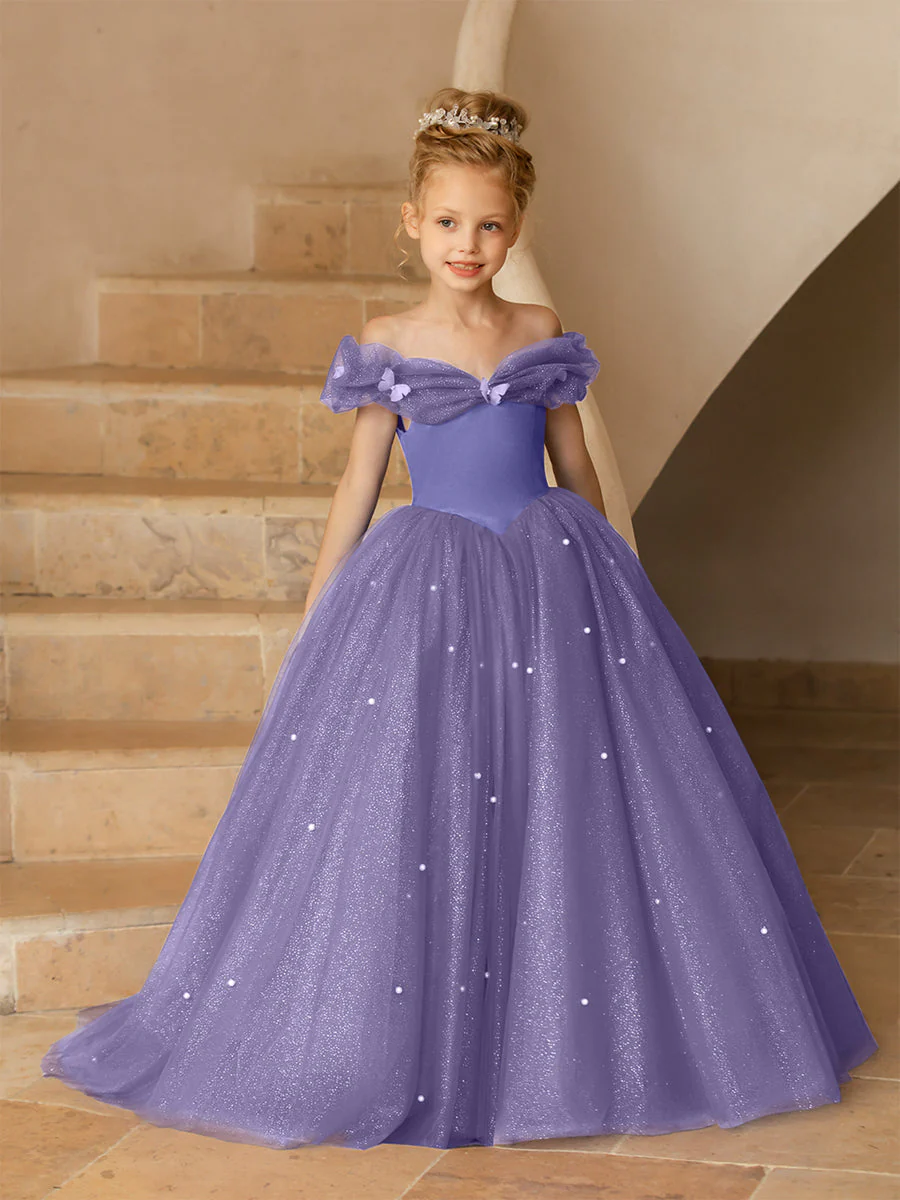 Off-the-Shoulder Tulle Flower Girl Dresses with Pearls - Image 42
