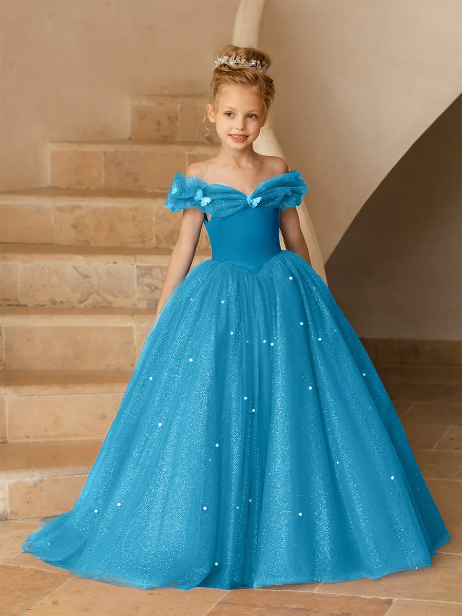 Off-the-Shoulder Tulle Flower Girl Dresses with Pearls - Image 54