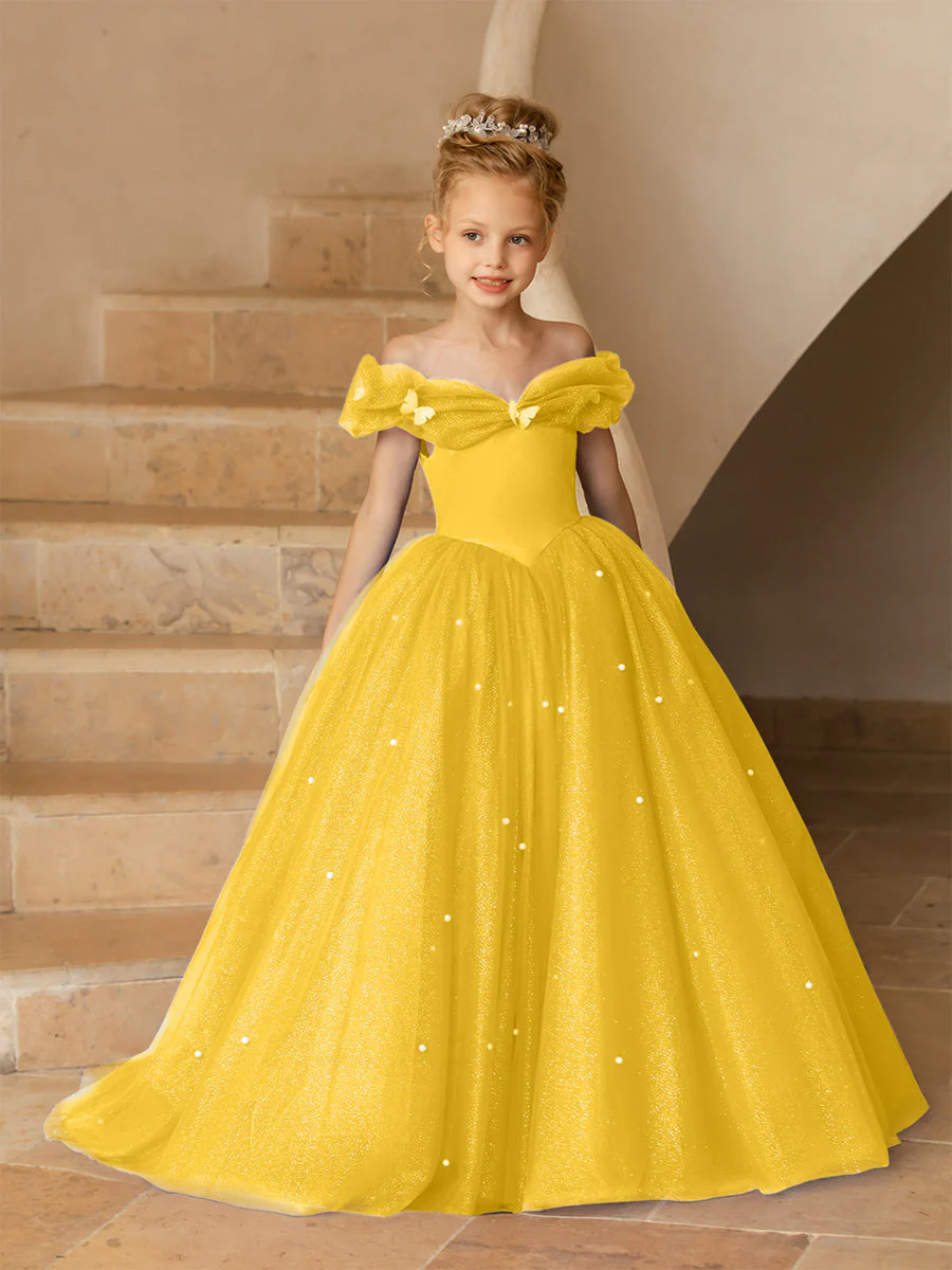 Off-the-Shoulder Tulle Flower Girl Dresses with Pearls - Image 71