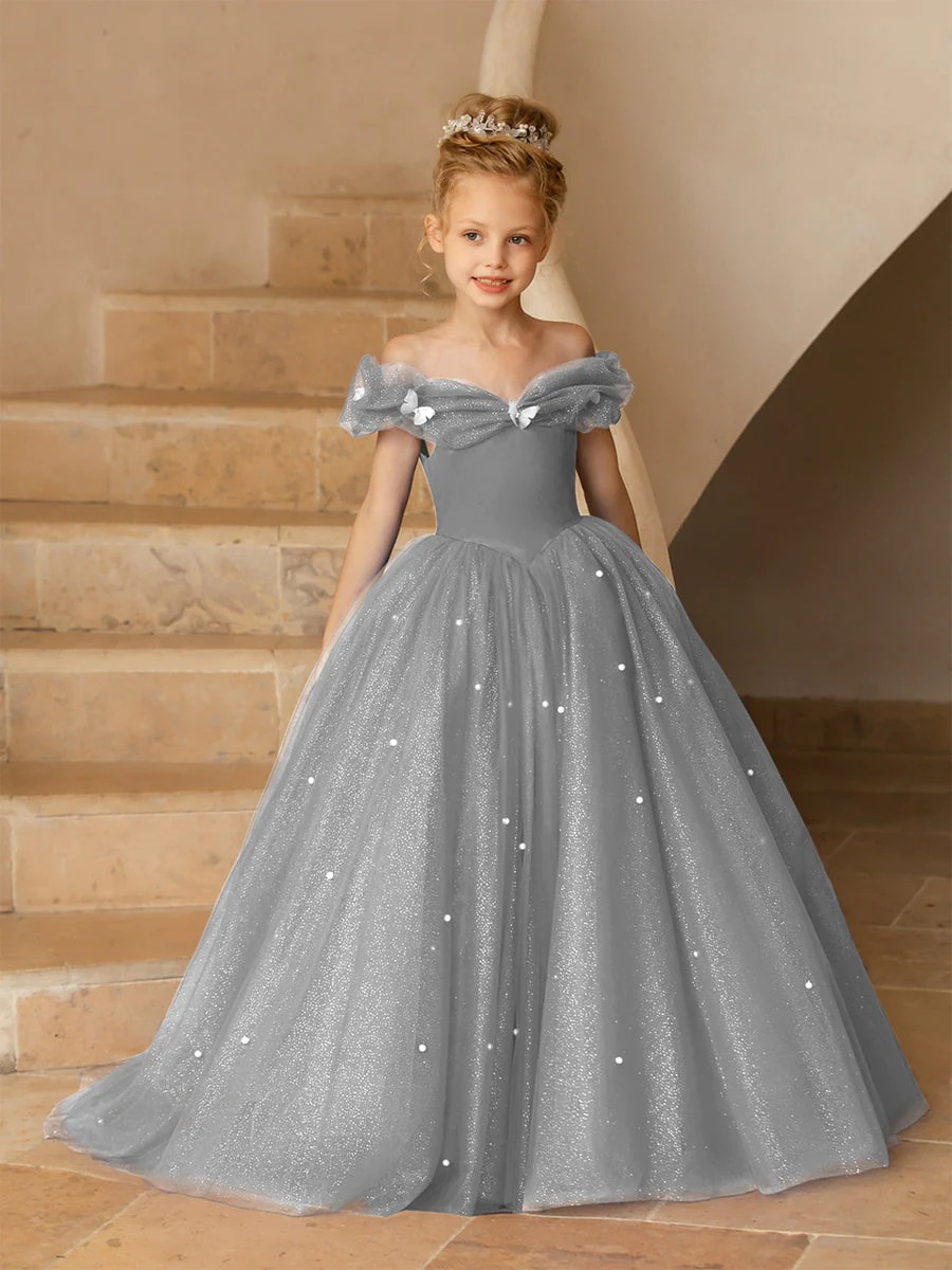 Off-the-Shoulder Tulle Flower Girl Dresses with Pearls - Image 74