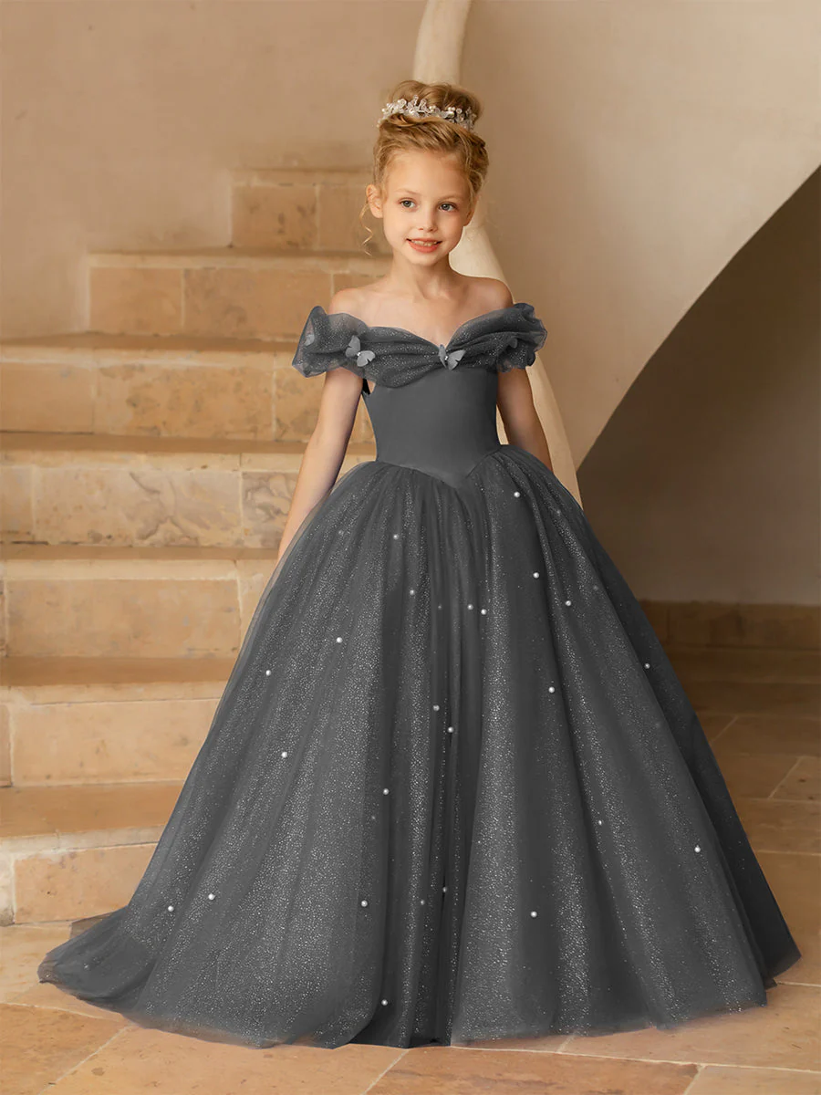 Off-the-Shoulder Tulle Flower Girl Dresses with Pearls - Image 75