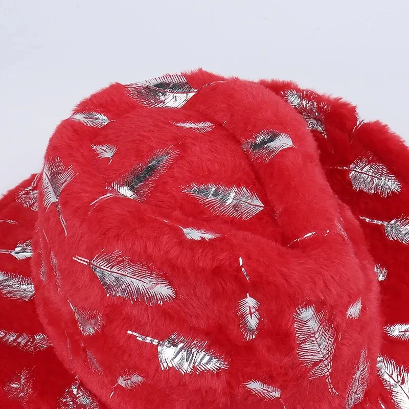 Plush Christmas Hat with Gold Feather and Snowflake Print - Image 3