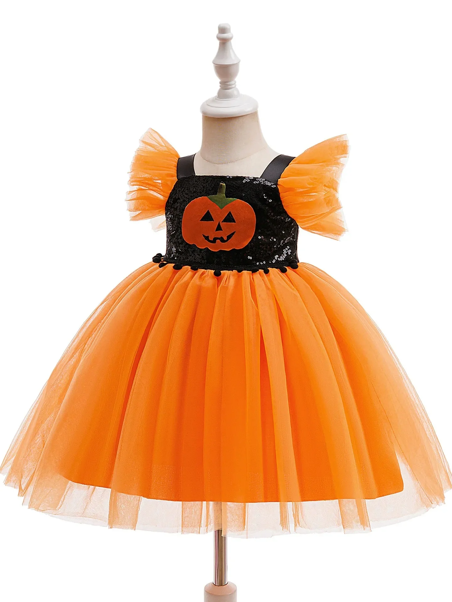 Printed A-Line/Princess Square Neck Flying Sleeves Knee-Length Halloween Dresses for Girls With Pleats & Sequins - Image 4