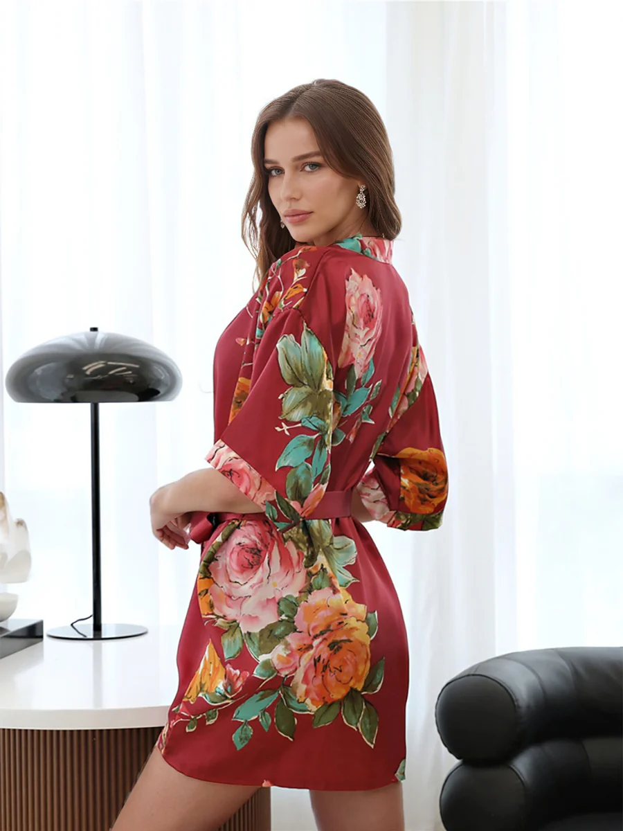 Red Printed Peony Half Sleeves Short Women's Bridesmaid Robes - Image 2