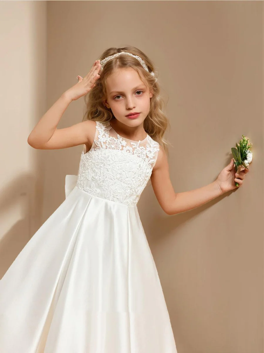 Satin A-Line/Princess Scoop Tea-Length Flower Girl Dresses With Bow & Lace - Image 4