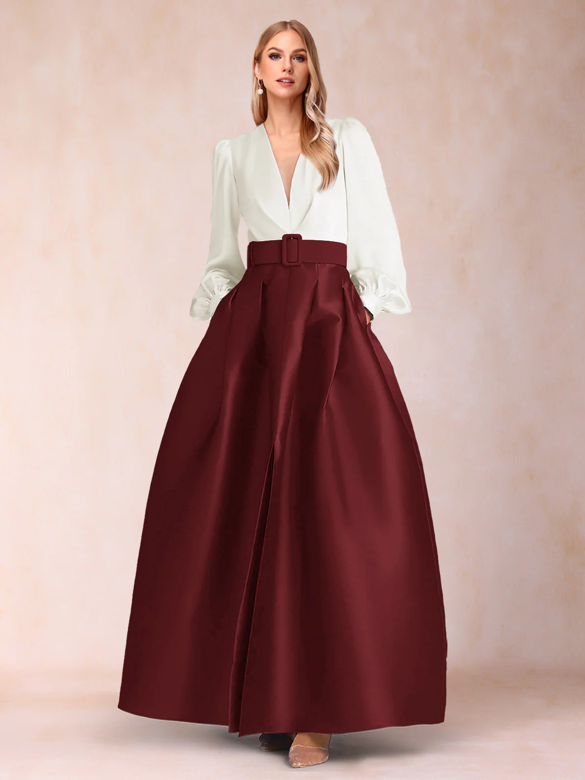 Satin A-Line/Princess V-Neck Floor-Length Long Sleeves Mother of the Bride Dresses With Belt - Image 5