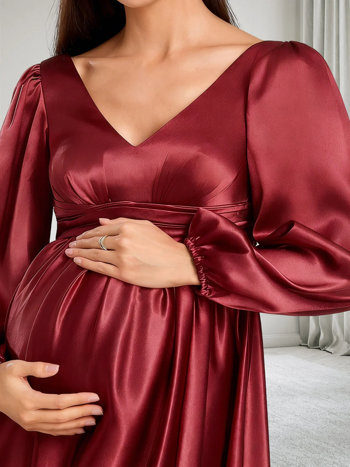 Satin A-Line/Princess V-Neck Long Sleeves Baby Shower Bridesmaid Dresses With Split Side - Image 3