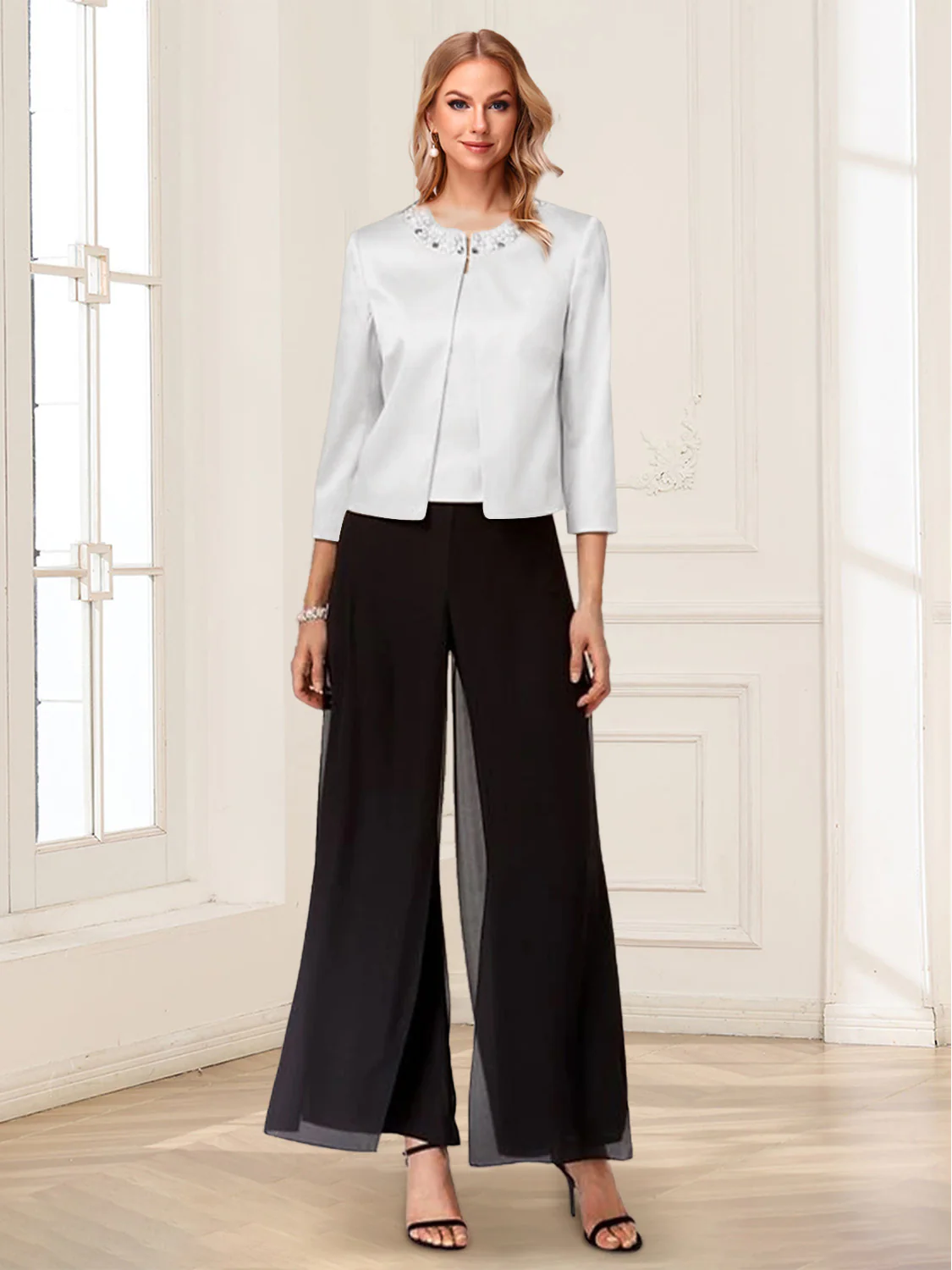 Scoop Long Sleeves 3 Pieces Pantsuits with Beading - Image 16