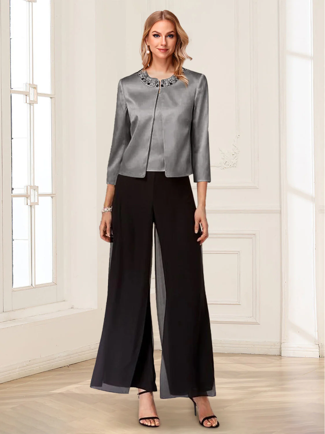 Scoop Long Sleeves 3 Pieces Pantsuits with Beading - Image 30