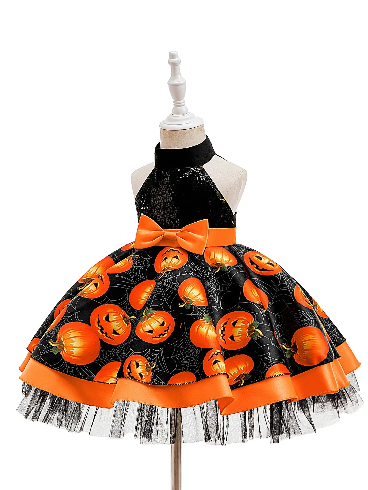 Sequin Ball Gown Halter Sleeveless Tea-Length Printed Halloween Dresses for Girls With Sash - Image 3