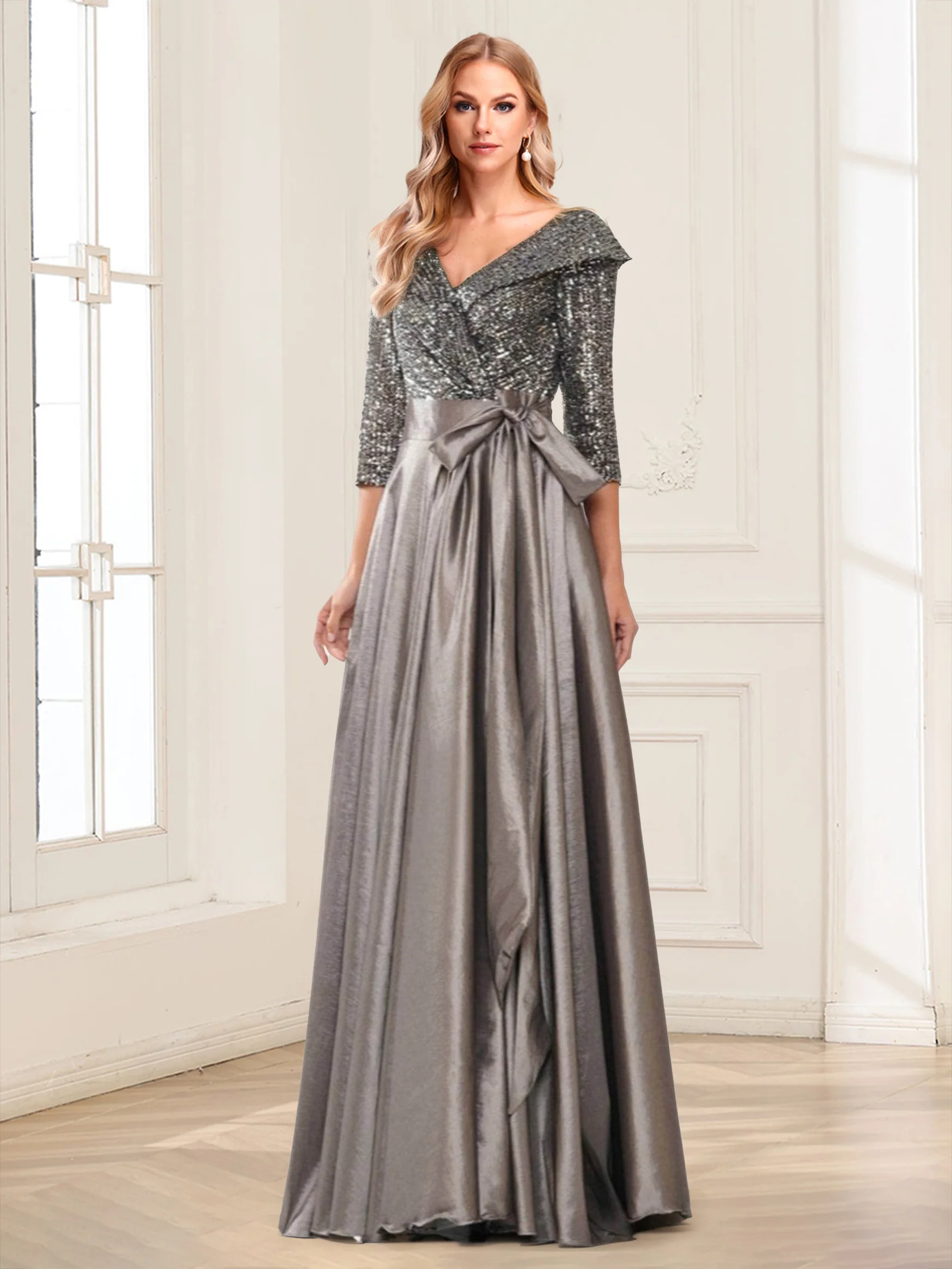 Sequins A-Line/Princess V-Neck 3/4 Sleeves Mother of the Bride Dresses With Belt