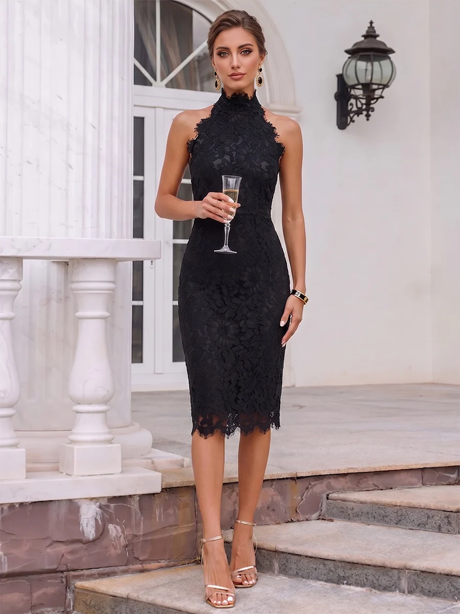 Sheath/Cloumn High Neck Lace Midi Cocktail Dresses with Back Slit
