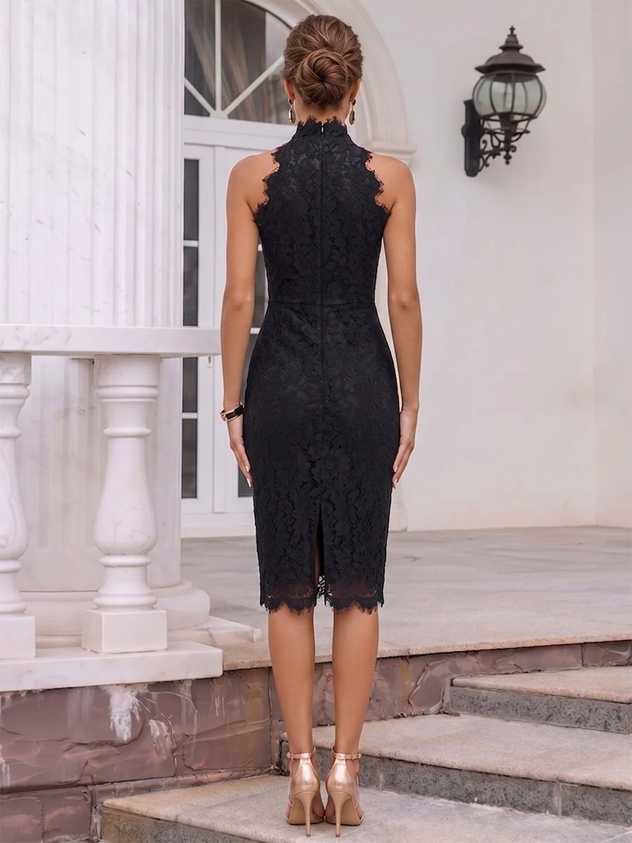 Sheath/Cloumn High Neck Lace Midi Cocktail Dresses with Back Slit - Image 2