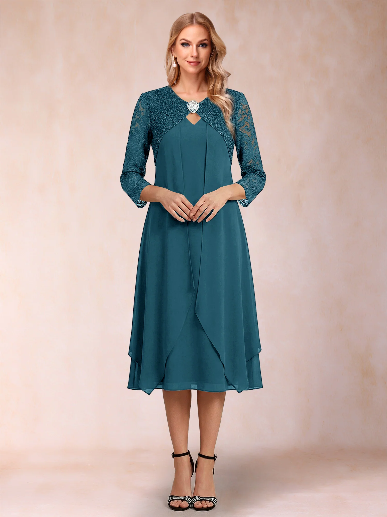 Sheath/Column 3/4 Sleeves Asymmetrical Mother of the Bride Dresses with Lace & Rhinestone - Image 19