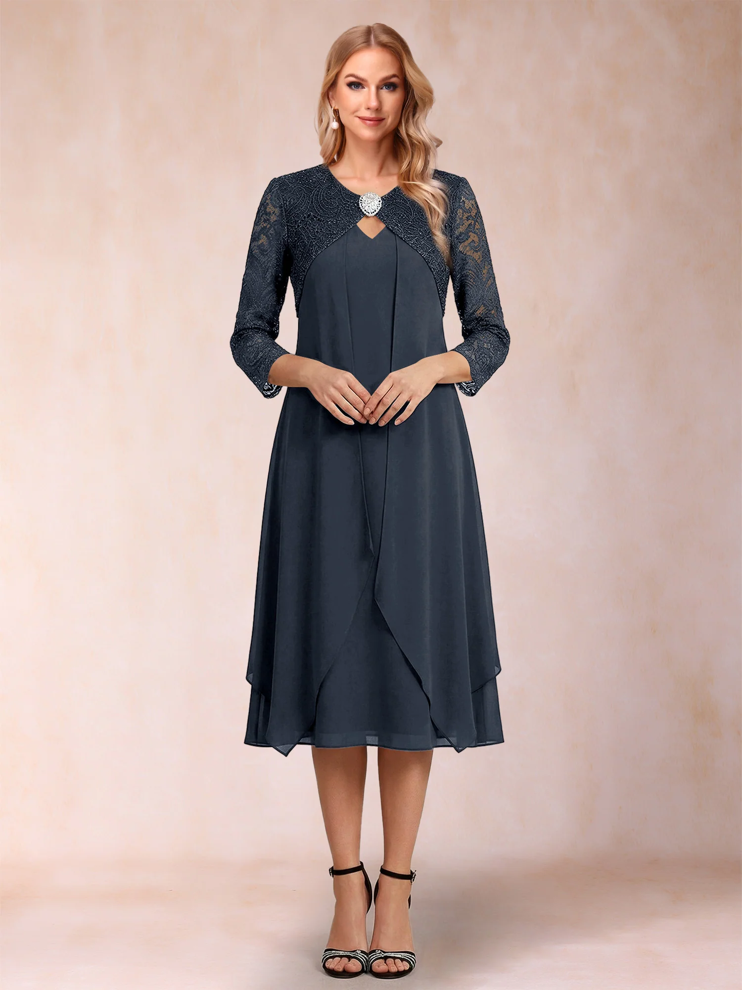 Sheath/Column 3/4 Sleeves Asymmetrical Mother of the Bride Dresses with Lace & Rhinestone - Image 70