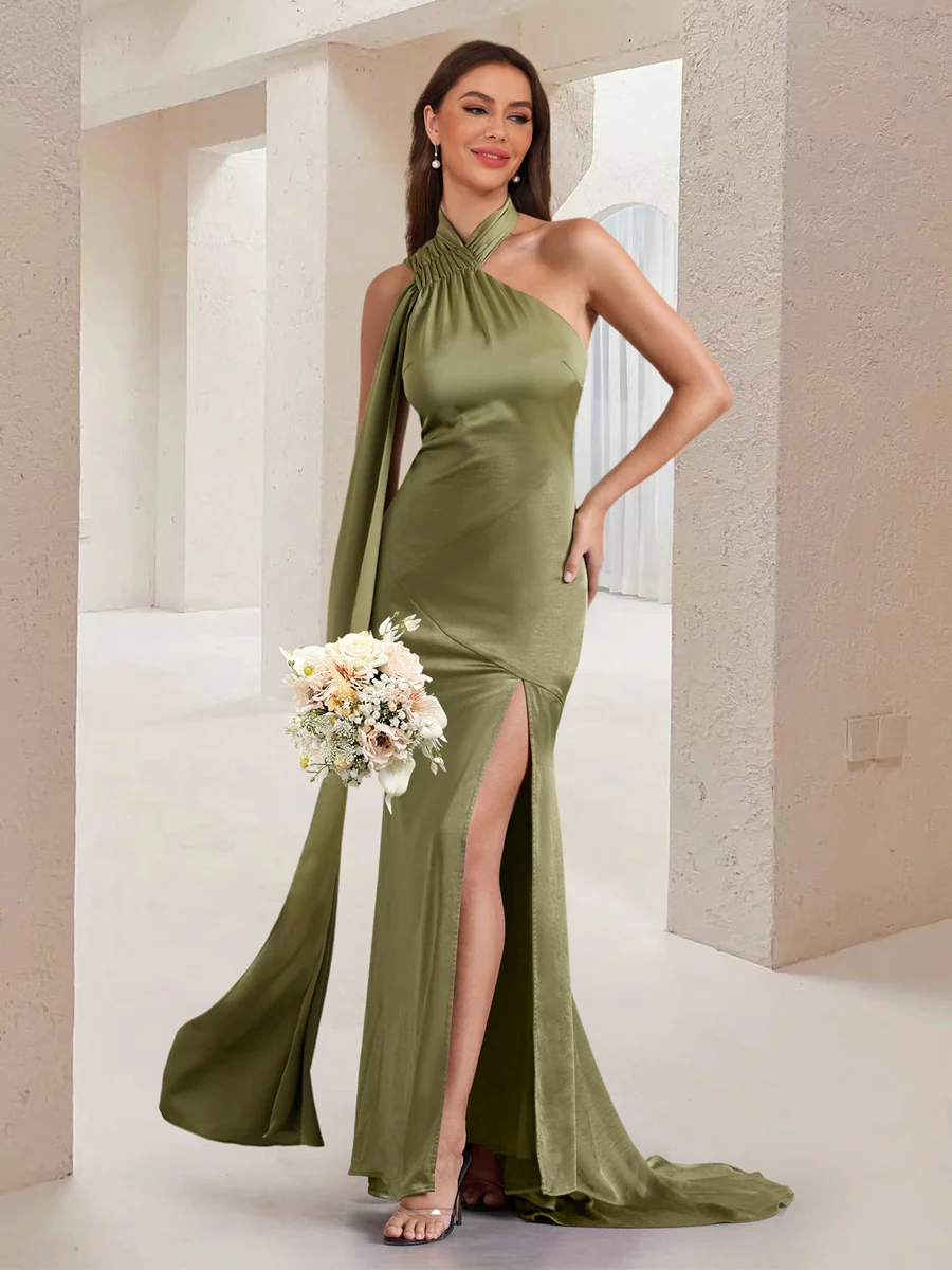 Sheath/Column Asymmetrical High Neck Ruched Long Bridesmaid Dresses with Sash