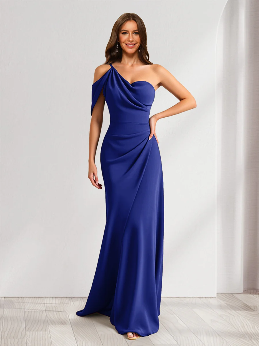 Sheath/Column Asymmetrical One-Shoulder Ruched Long Bridesmaid Dresses - Image 14