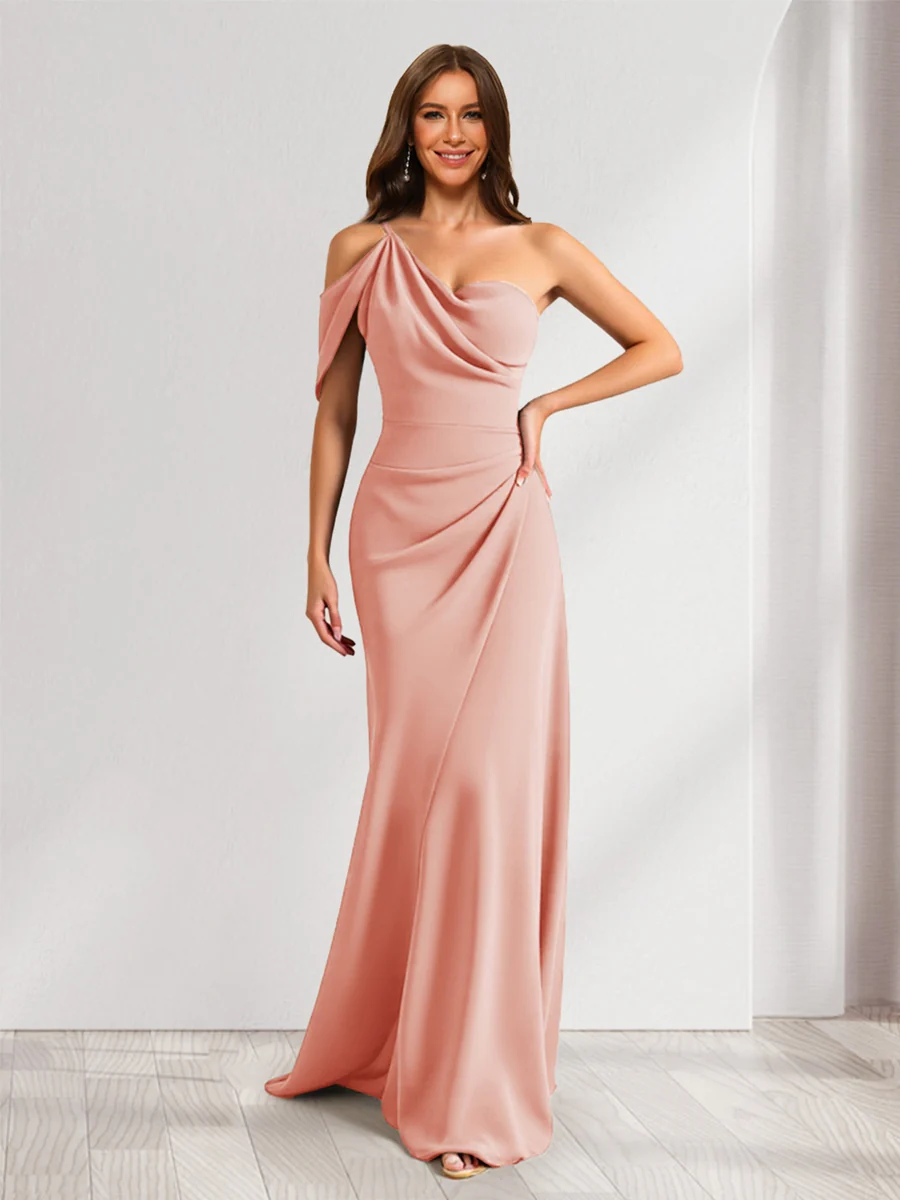 Sheath/Column Asymmetrical One-Shoulder Ruched Long Bridesmaid Dresses - Image 16