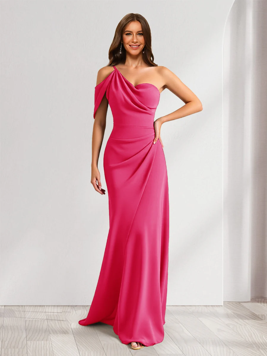 Sheath/Column Asymmetrical One-Shoulder Ruched Long Bridesmaid Dresses - Image 20