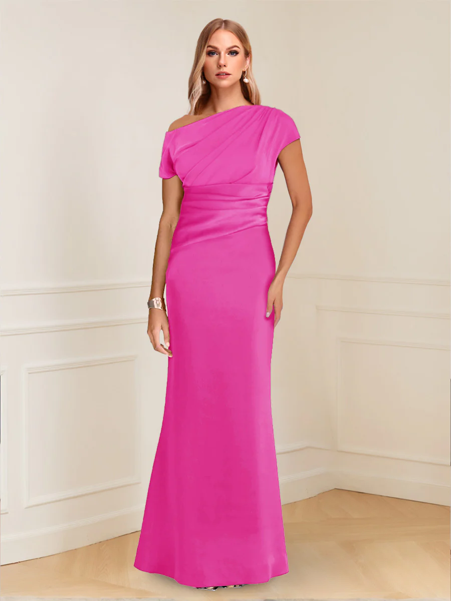 Sheath/Column Asymmetrical One-Shoulder Short Sleeves Mother of the Bride Dresses with Ruched - Image 18